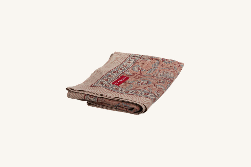 Pink floral hand block print European flax linen tablecloth.