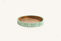Green and white bone inlay round tray with striped design and natural wood centre.