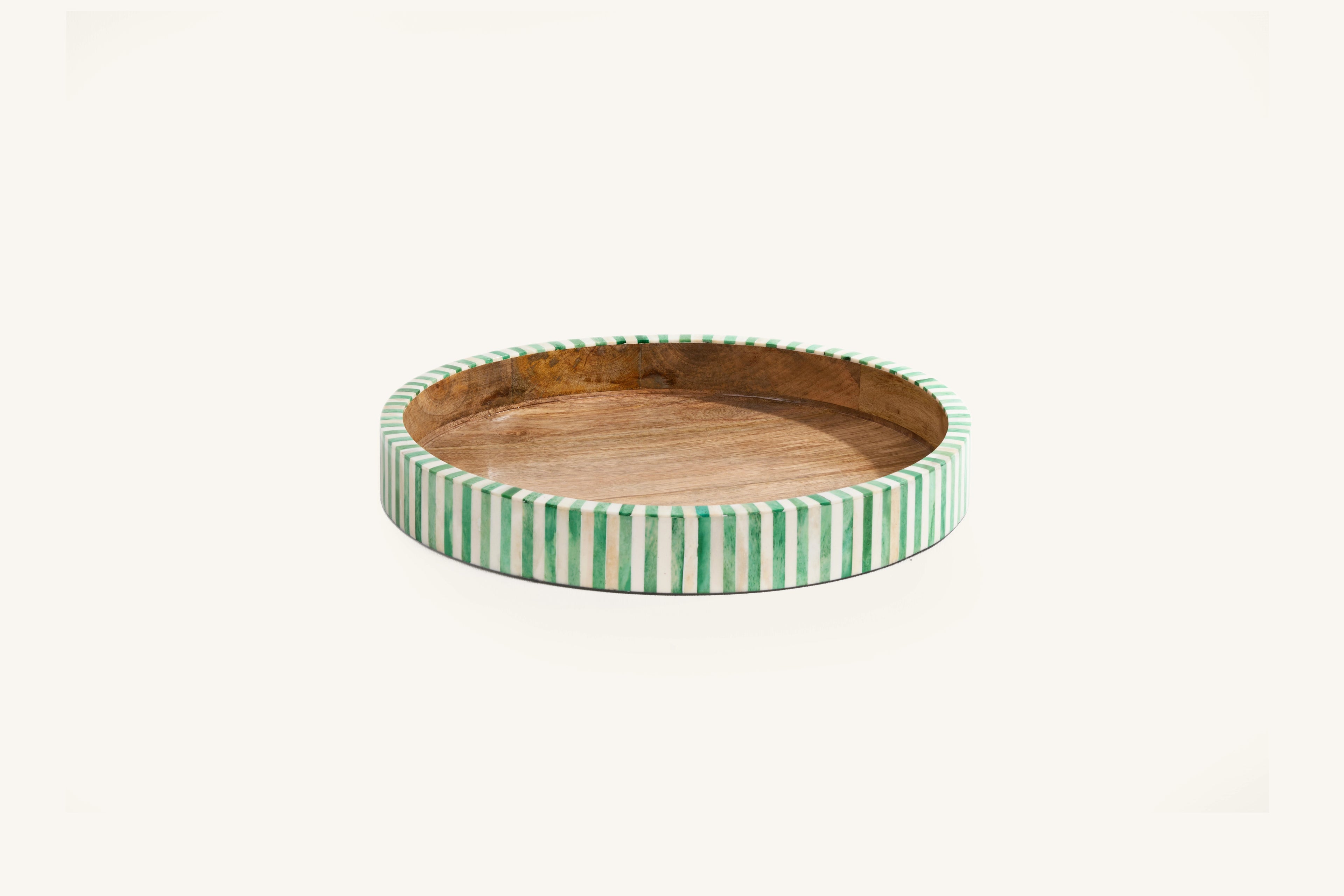 Green and white bone inlay round tray with striped design and natural wood centre.