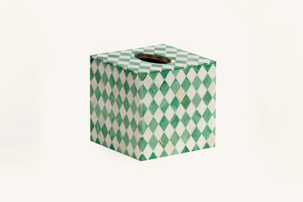 Green and white bone inlay tissue box with harlequin diamond pattern.