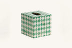 Green and white bone inlay tissue box with harlequin diamond pattern.