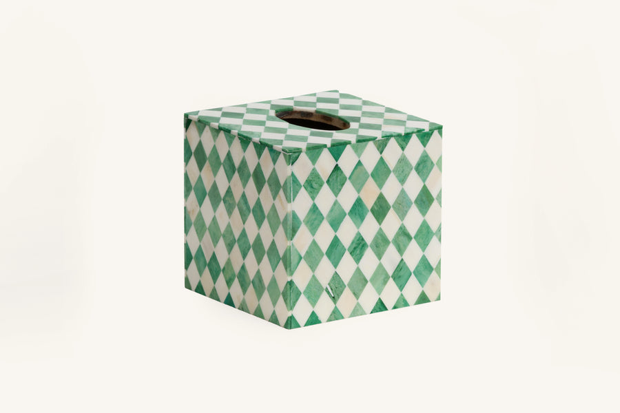 Green and white bone inlay tissue box with harlequin diamond pattern.