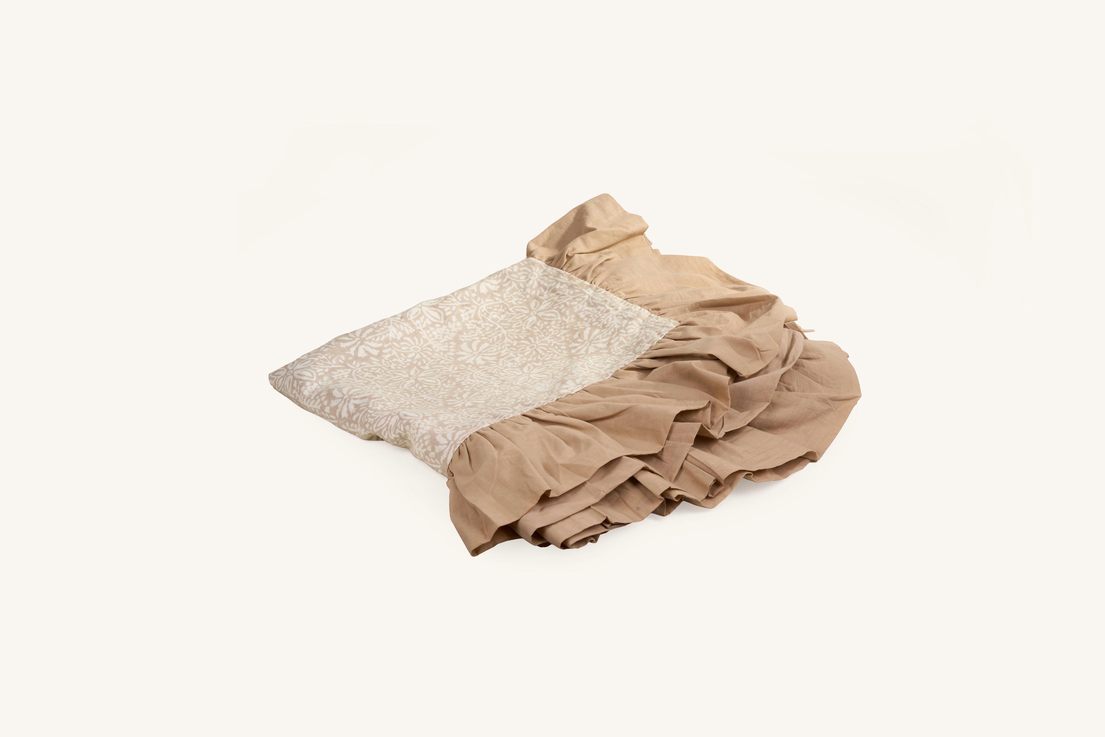 Beige hand block print European flax linen dining tablecloth with ruffled edge.
