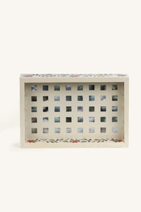 Top view of the Mother of Pearl inlay decorative tray with floral inlay pattern.