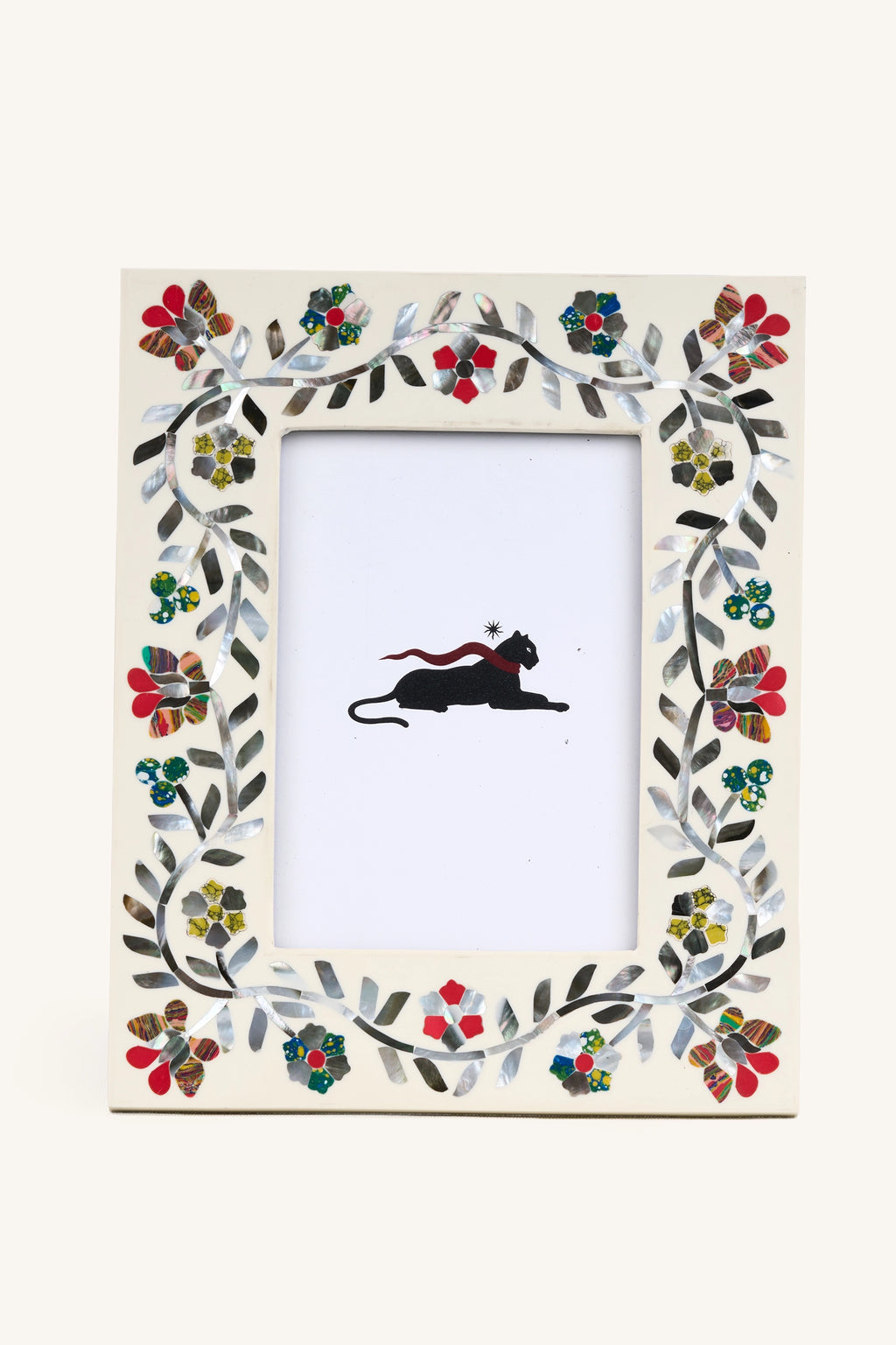 Front view of the Mother of Pearl inlay photo frame with multicolour floral border.