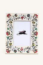 Front view of the Mother of Pearl inlay photo frame with multicolour floral border.