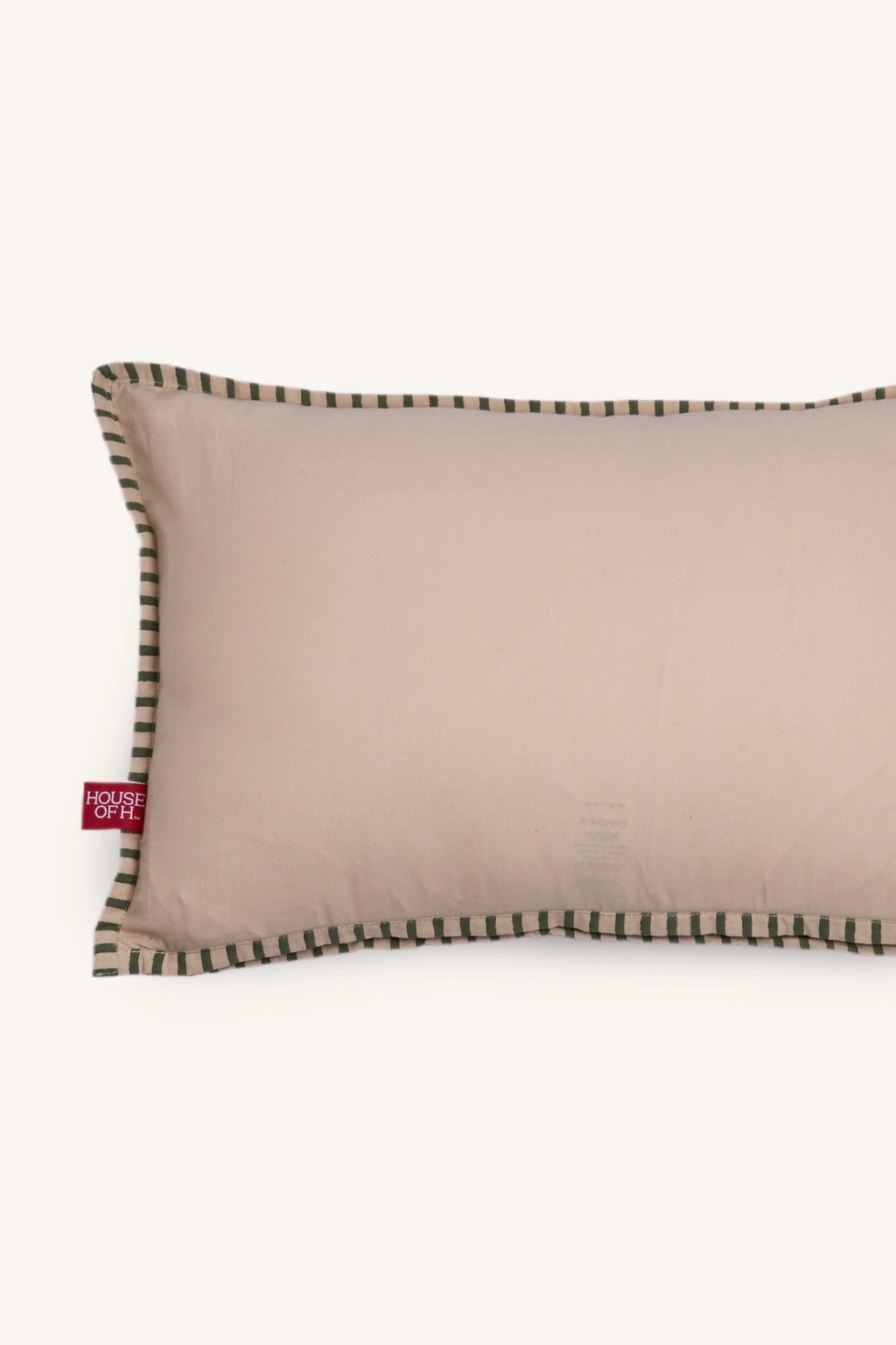 rear shot of European flax linen Beige rectangular cushion with a green border on a white background