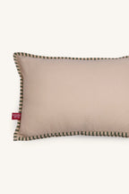 rear shot of European flax linen Beige rectangular cushion with a green border on a white background