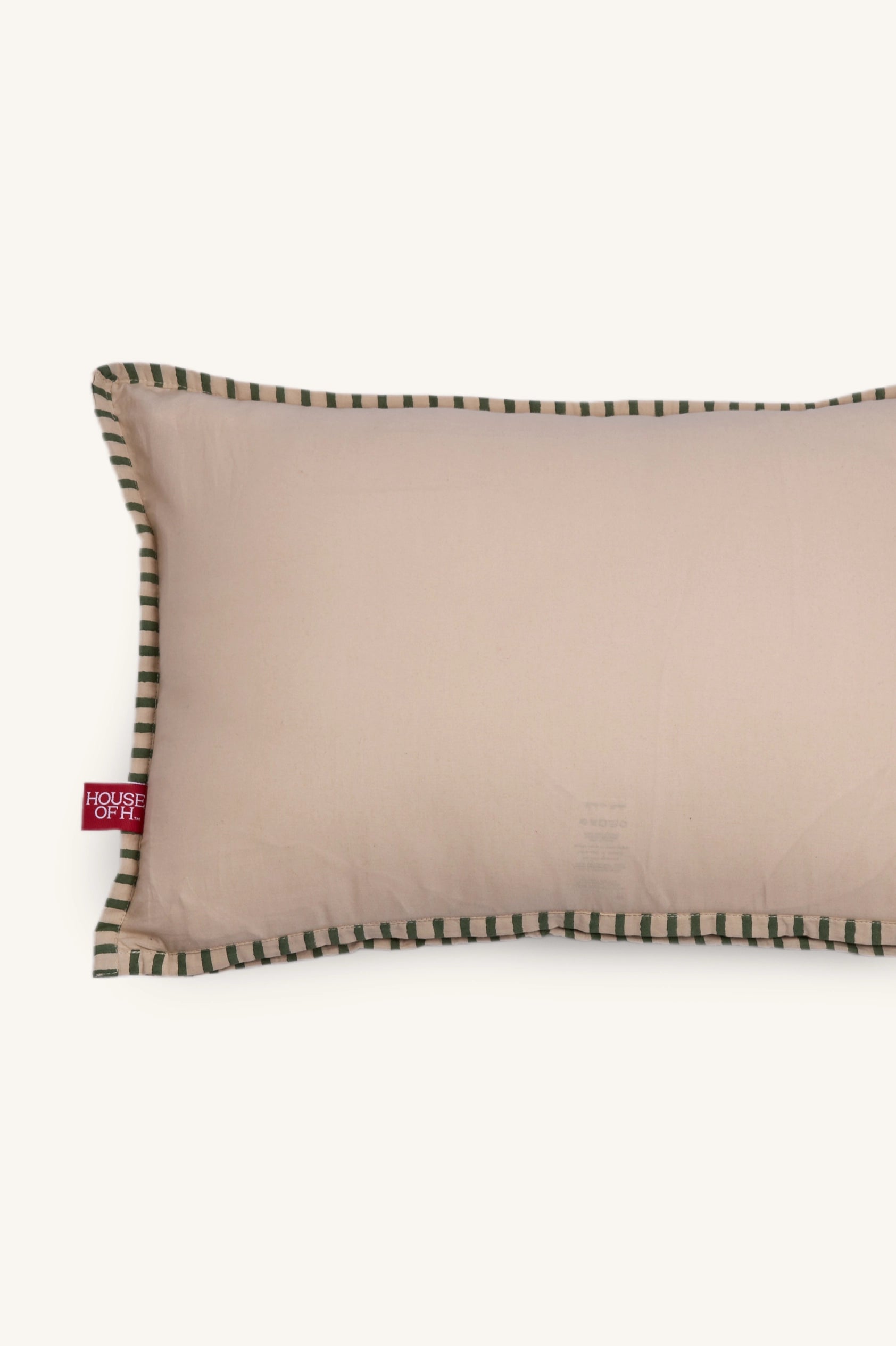 rear shot of European flax linen Beige rectangular cushion with a green border on a white background
