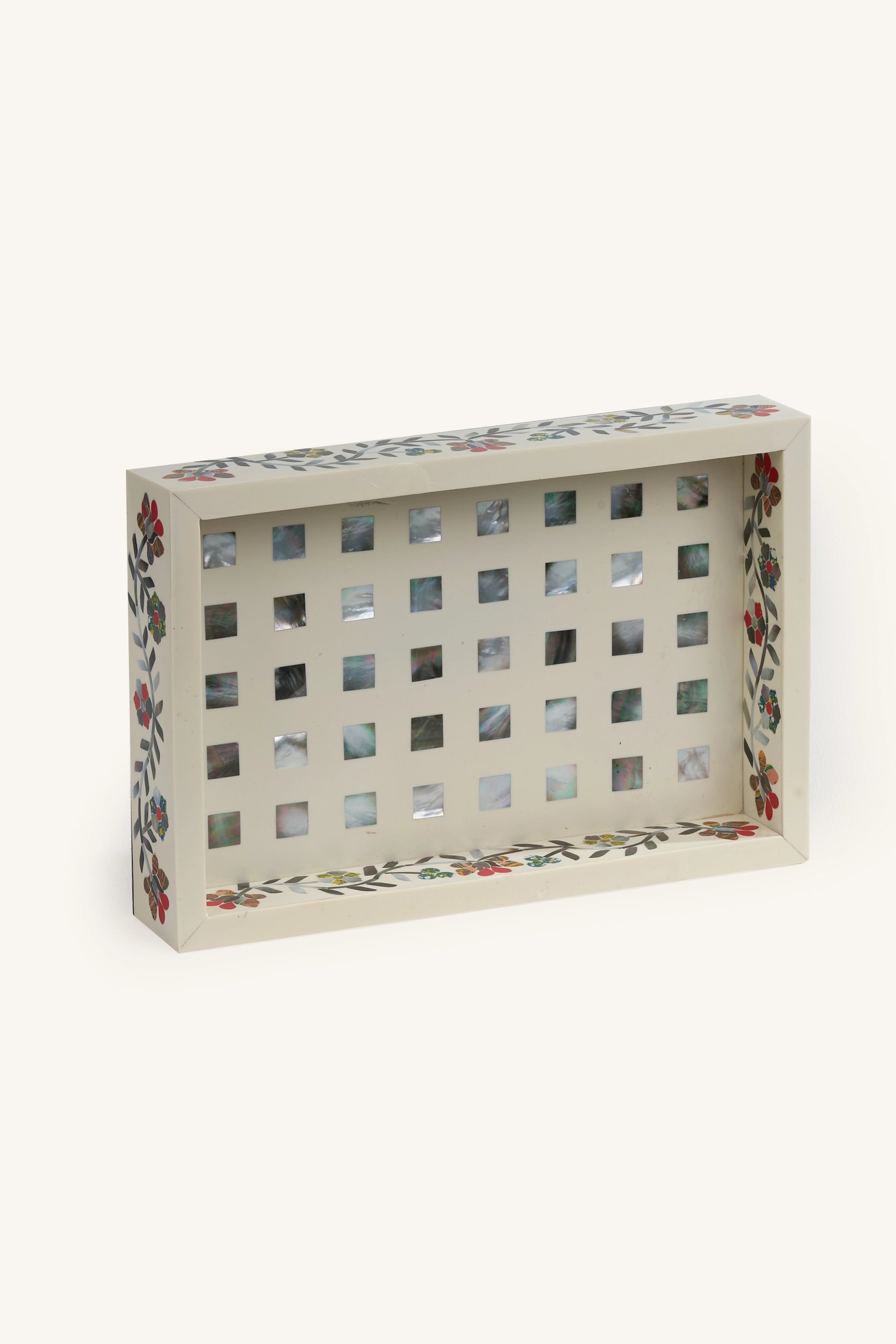 Side profile of the Mother of Pearl inlay decorative tray showing the floral border.
