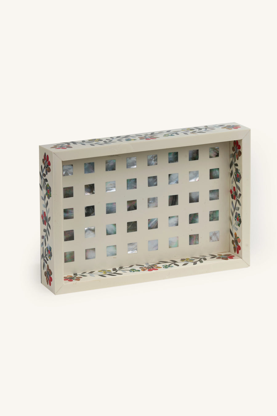 Side profile of the Mother of Pearl inlay decorative tray showing the floral border.
