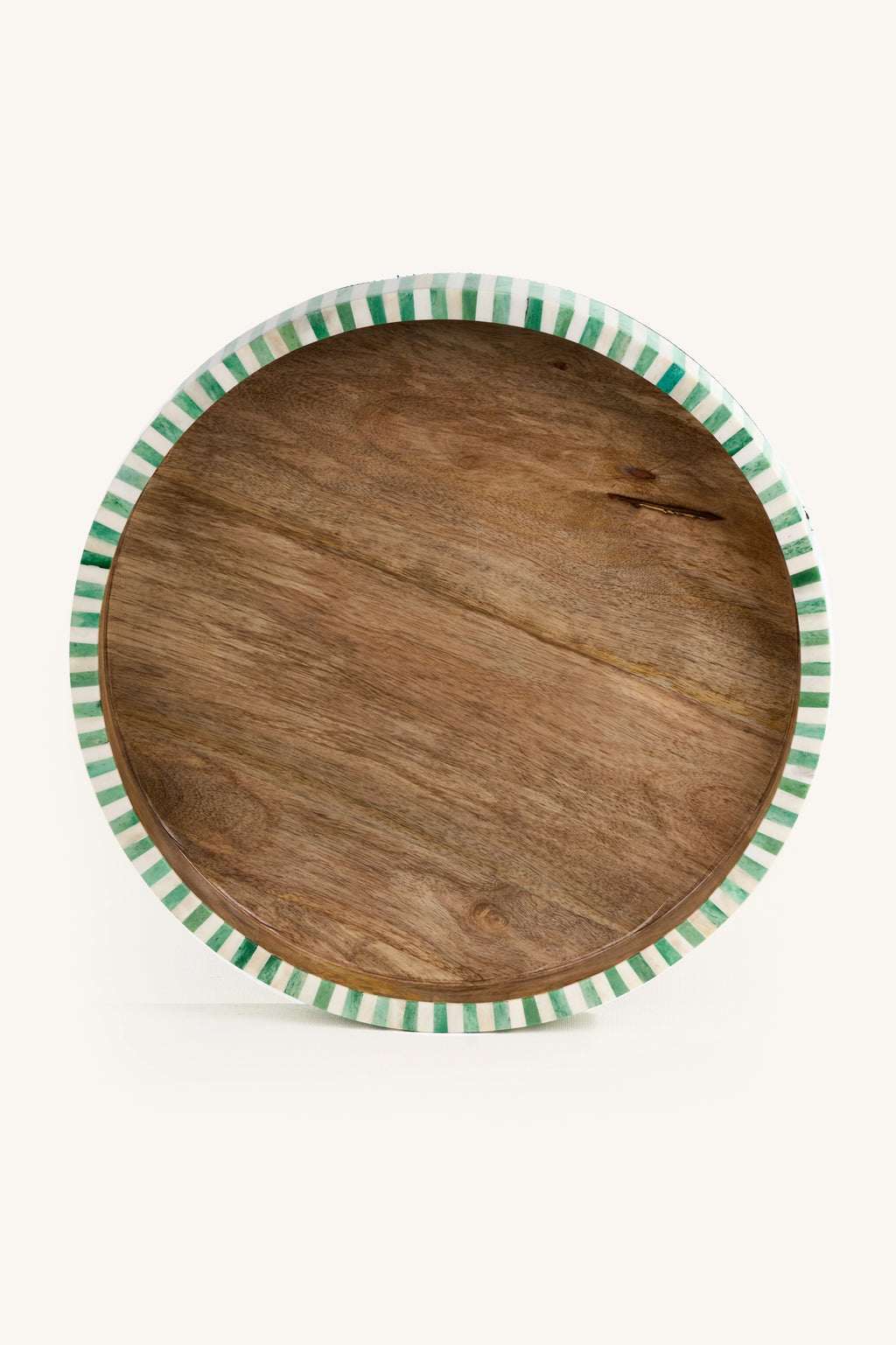 Top view of the green and white bone inlay round tray with natural wood centre.
