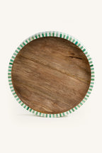 Top view of the green and white bone inlay round tray with natural wood centre.