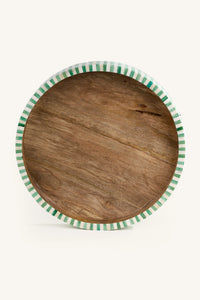 Top view of the green and white bone inlay round tray with natural wood centre.