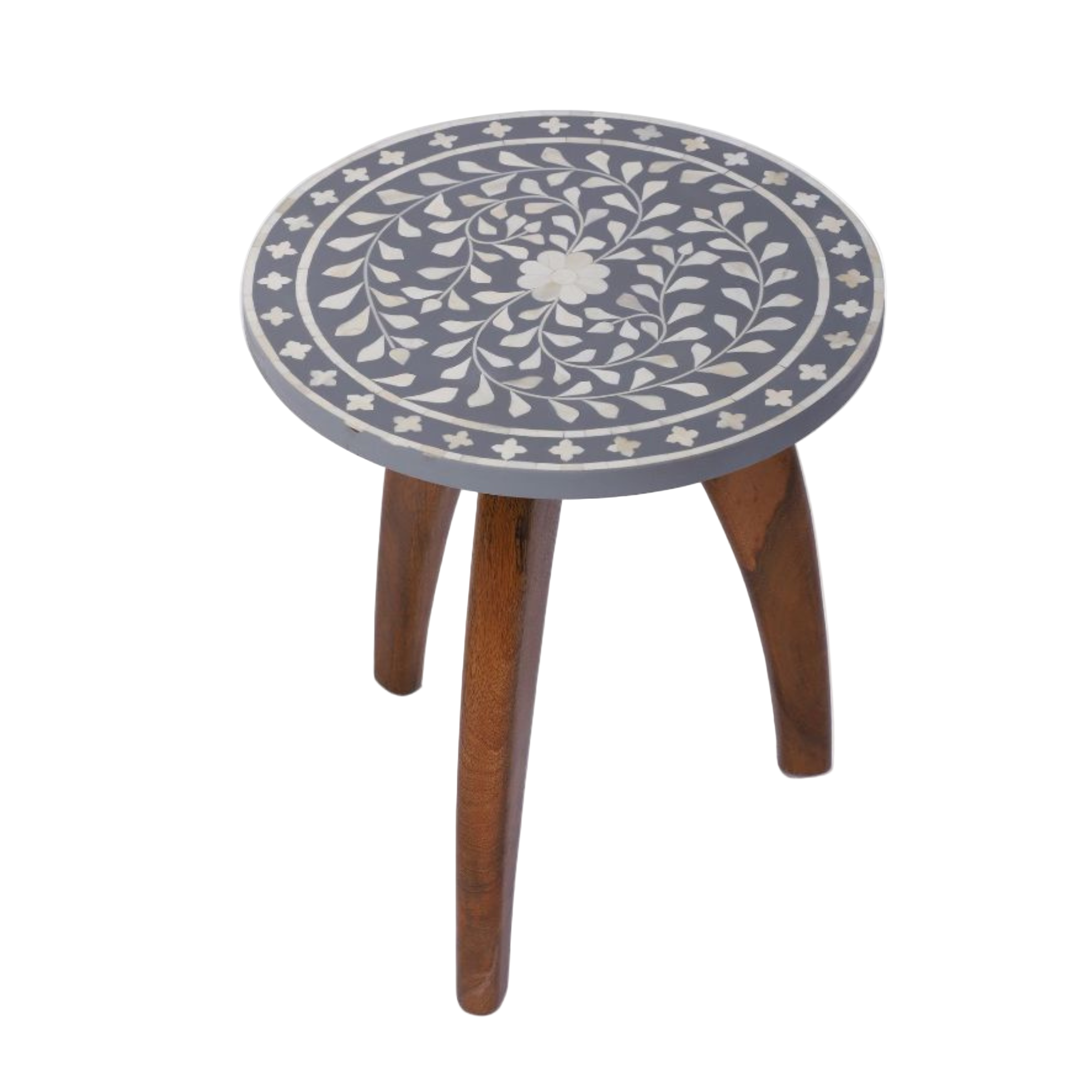 Bone Inlay Side Table – Floral Pattern with Curved Wooden Base