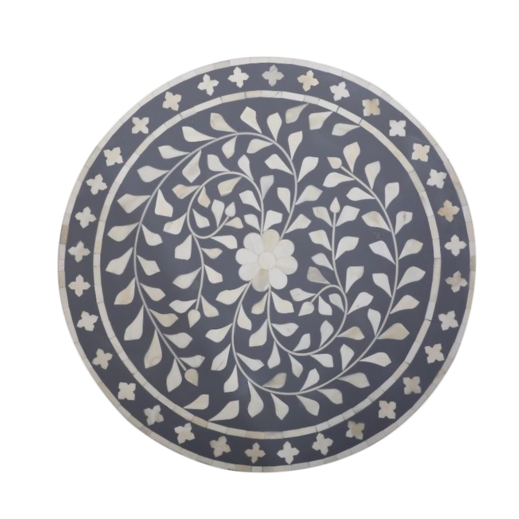 Bone Inlay Side Table – Floral Pattern with Curved Wooden Base