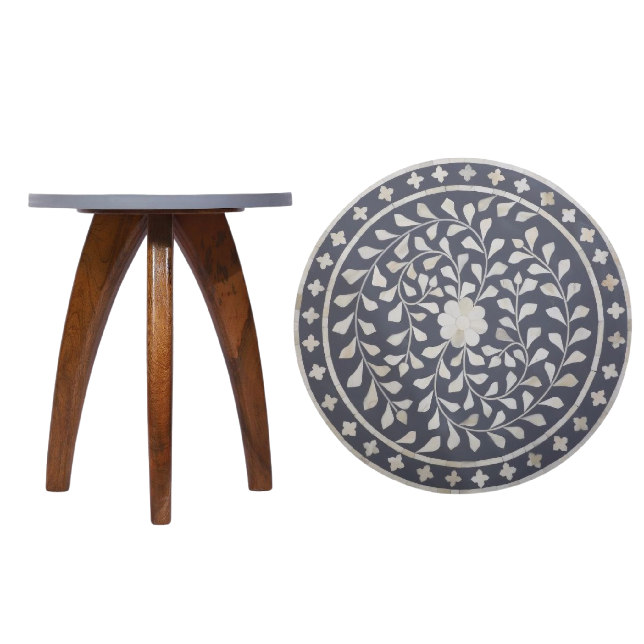 Bone Inlay Side Table – Floral Pattern with Curved Wooden Base