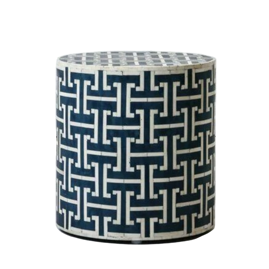Bone Inlay Drum Side Table – Chain Link Pattern