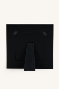 Blue and white chevron bone inlay photo frame showing the black velvet stand and back.