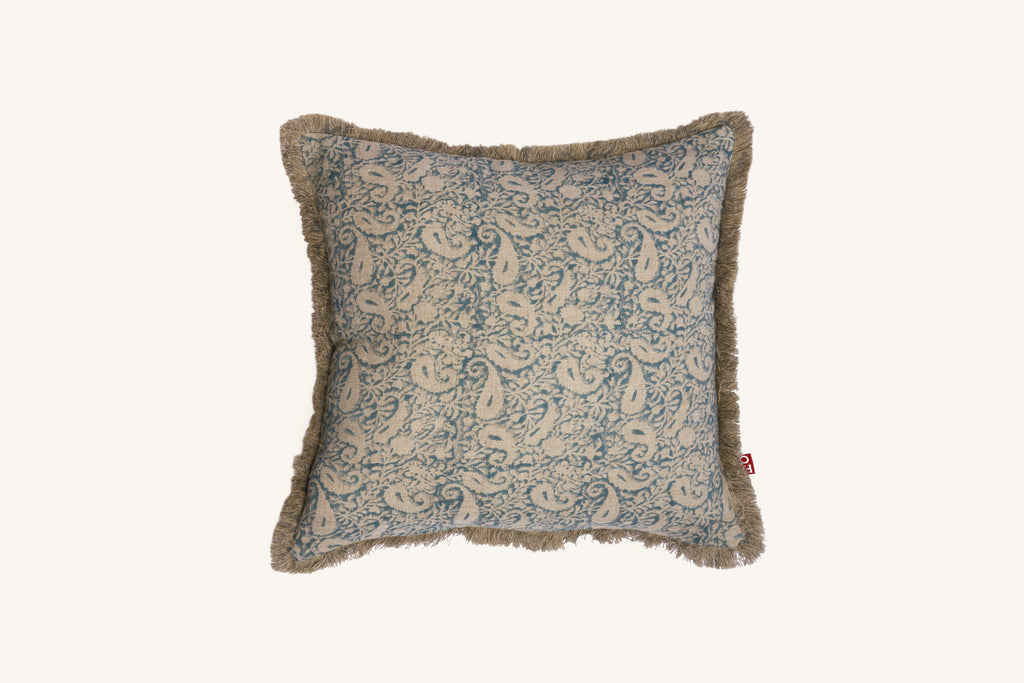 Hand block print European flax linen cushion with teal and ivory paisley design.