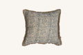 Hand block print European flax linen cushion with teal and ivory paisley design.