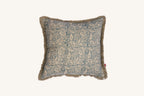 Hand block print European flax linen cushion with teal and ivory paisley design.