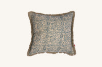 Hand block print European flax linen cushion with teal and ivory paisley design.