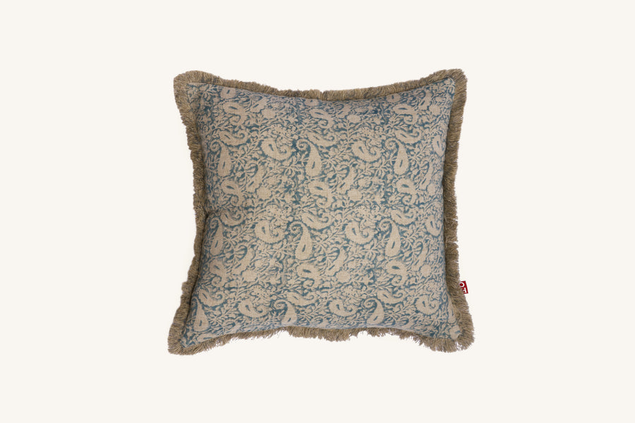 Hand block print European flax linen cushion with teal and ivory paisley design.