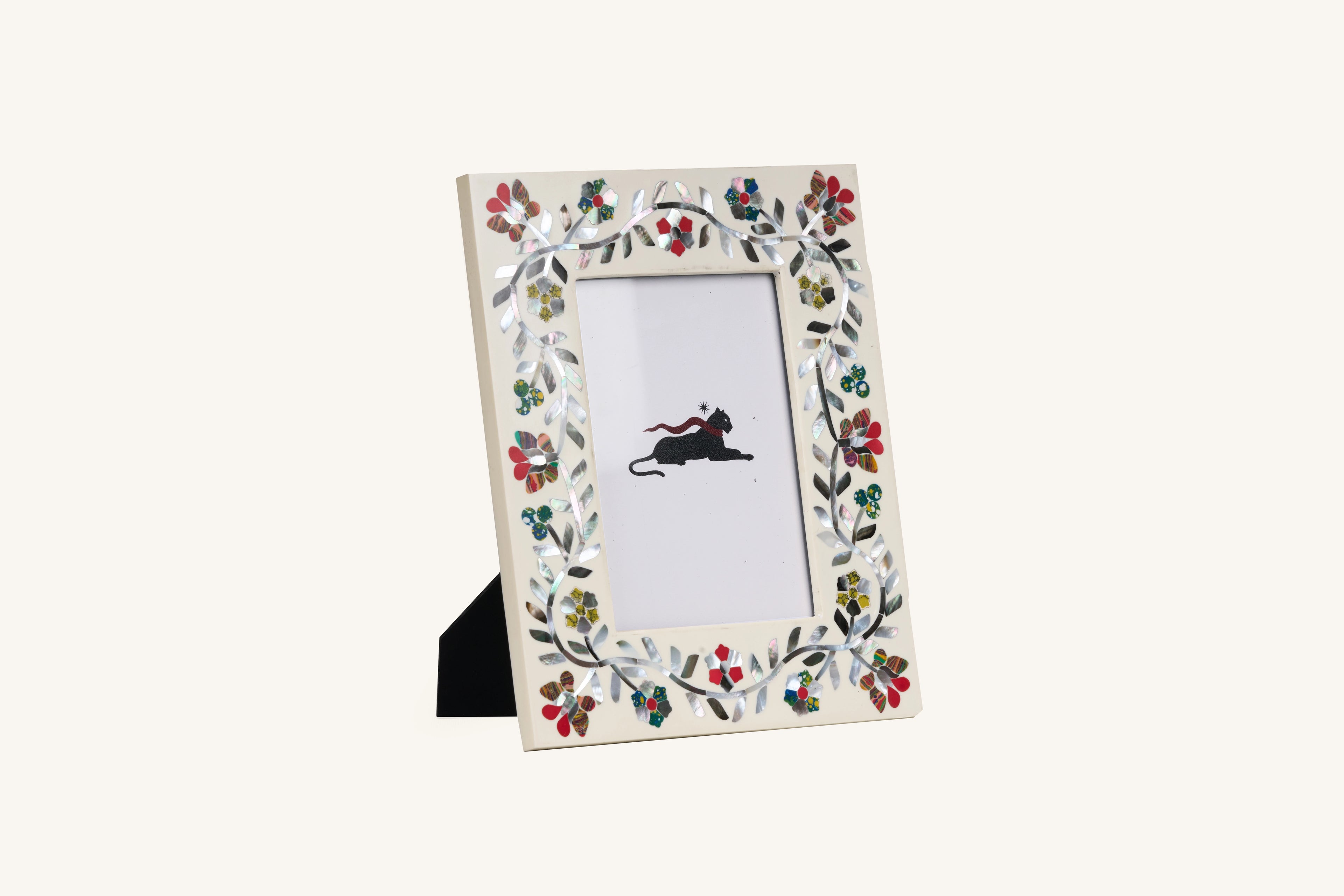 Mother of Pearl inlay photo frame with multicolour floral design.