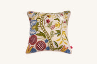 Primavera European linen cushion hand embroidered with Australian wool floral vines and pomegranate motif.