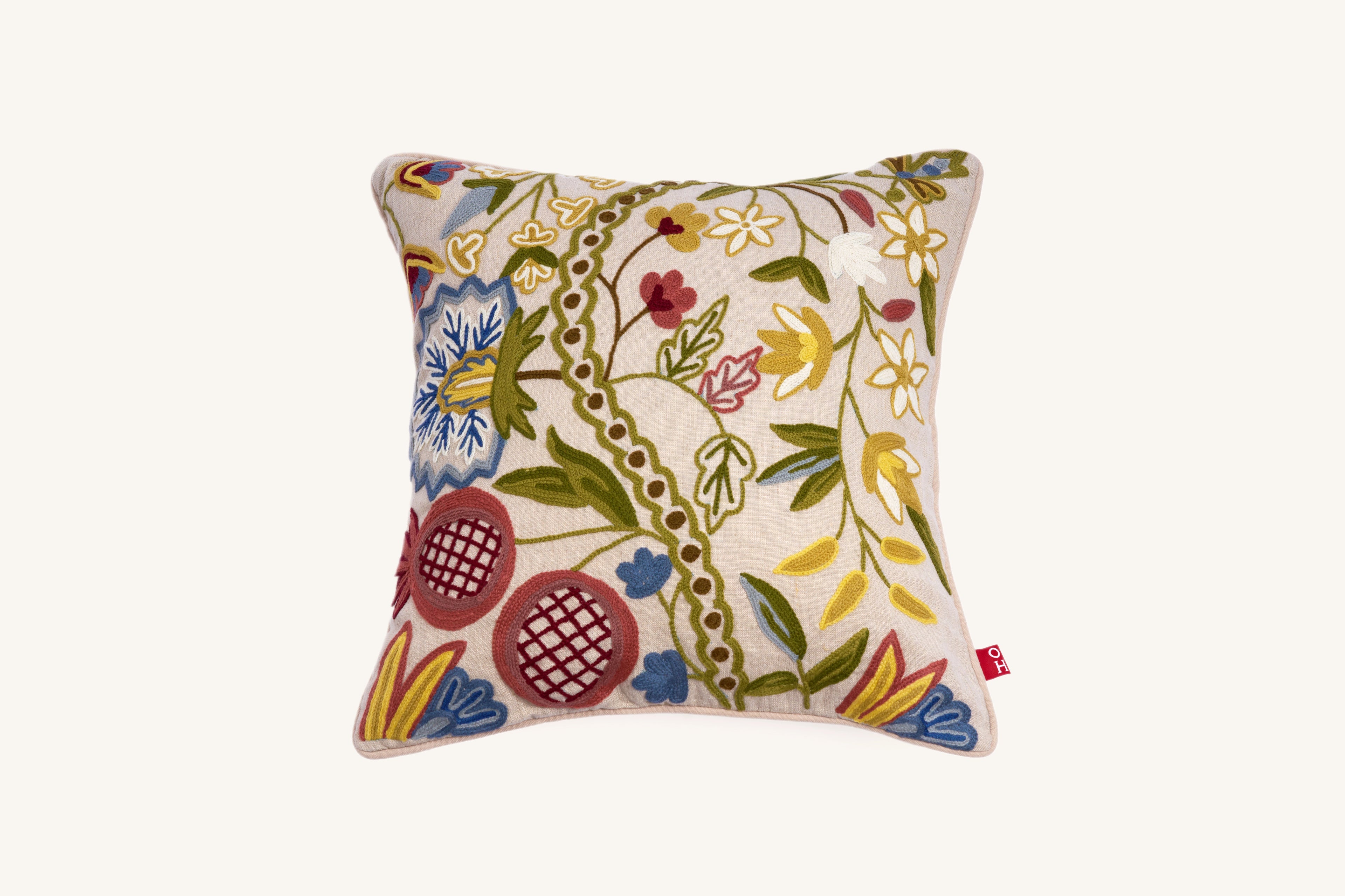 Square multicolour floral crewel embroidered linen cushion with botanical design.