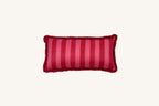 Red striped 1000 thread count cotton lumbar cushion with looped fringe.