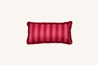 Red striped 1000 thread count cotton lumbar cushion with looped fringe.