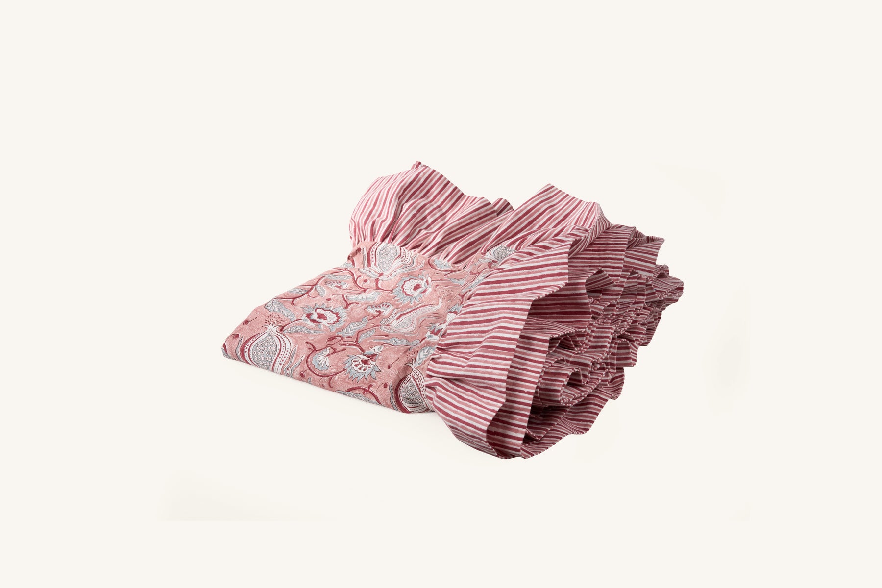 Pink floral hand block print cotton tablecloth with pleated striped ruffle.