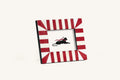 Square red and ivory starburst bone inlay photo frame.