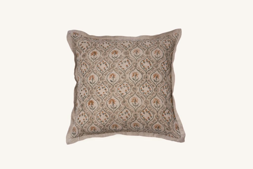 Taupe hand block print European flax linen cushion with flange edge.