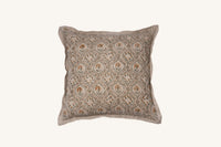 Taupe hand block print European flax linen cushion with flange edge.