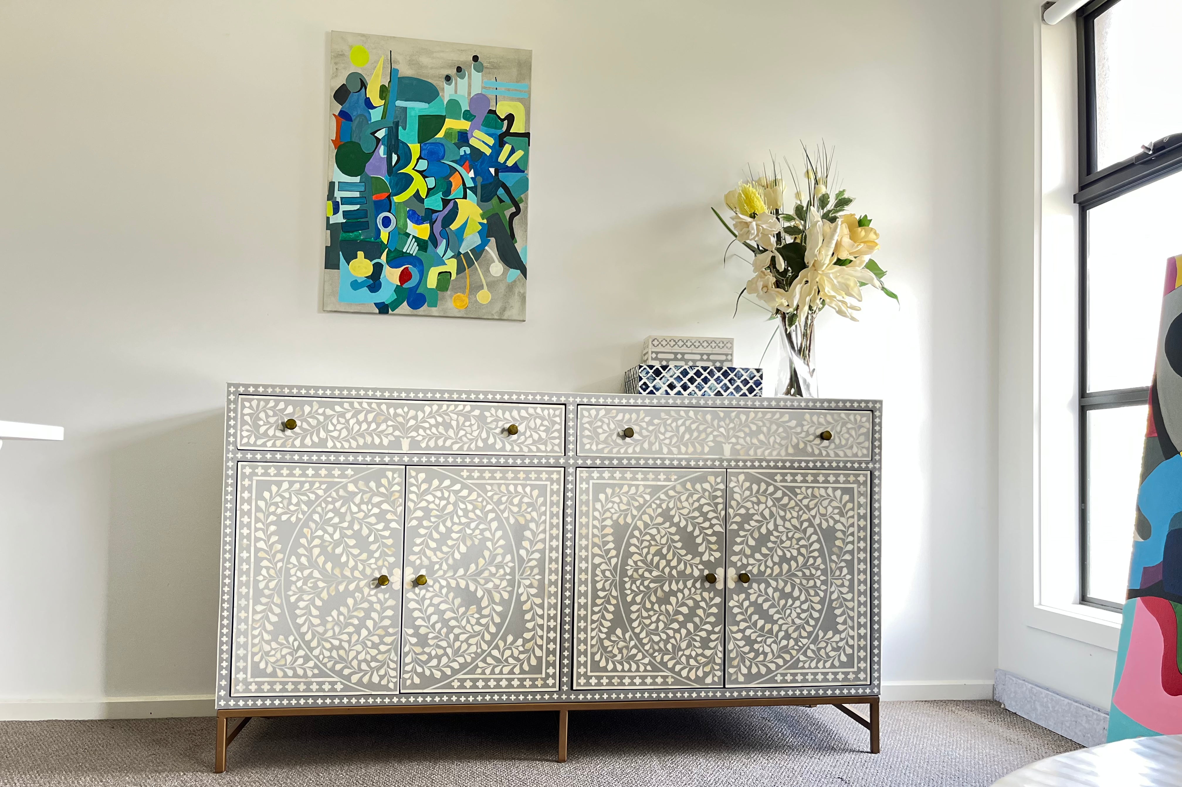 Bone Inlay Sideboard – Floral Vine Pattern