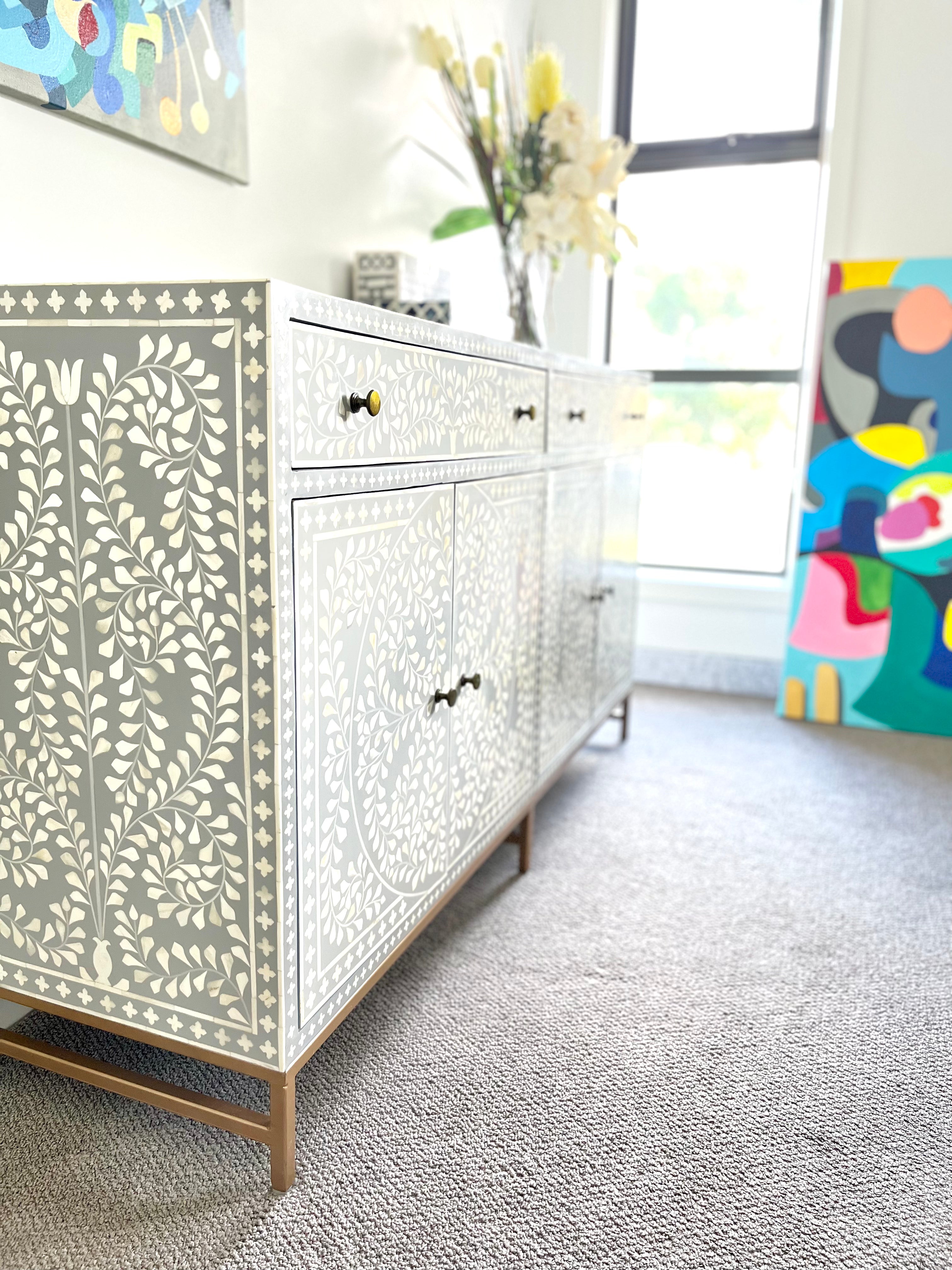 Bone Inlay Sideboard – Floral Vine Pattern