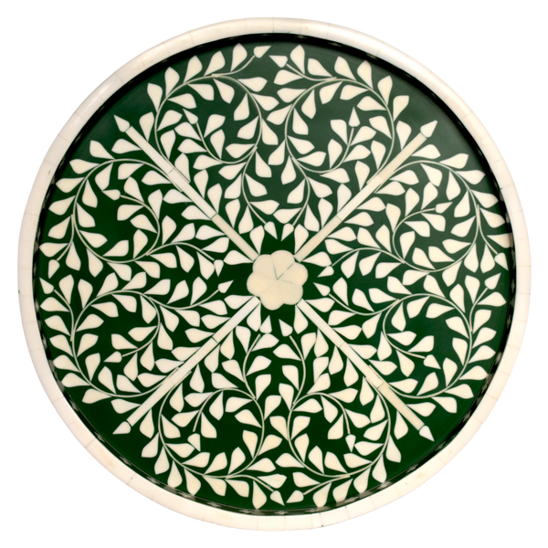 Bone Inlay Round Tray – Emerald Floral Vine