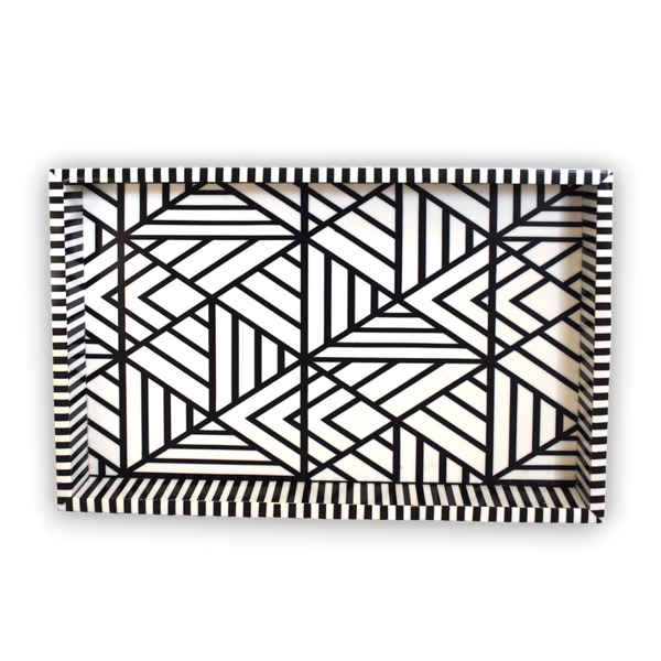 Bone Inlay Rectangle Tray – Black & White Geometric