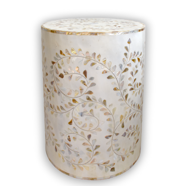 Mother of Pearl Drum Side Table – Floral Vine Pattern