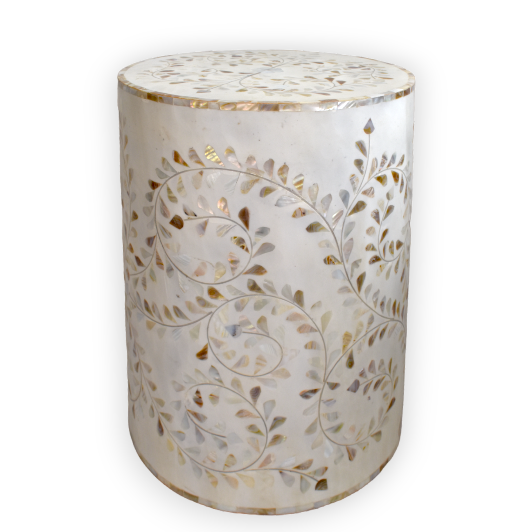 Mother of Pearl Drum Side Table – Floral Vine Pattern