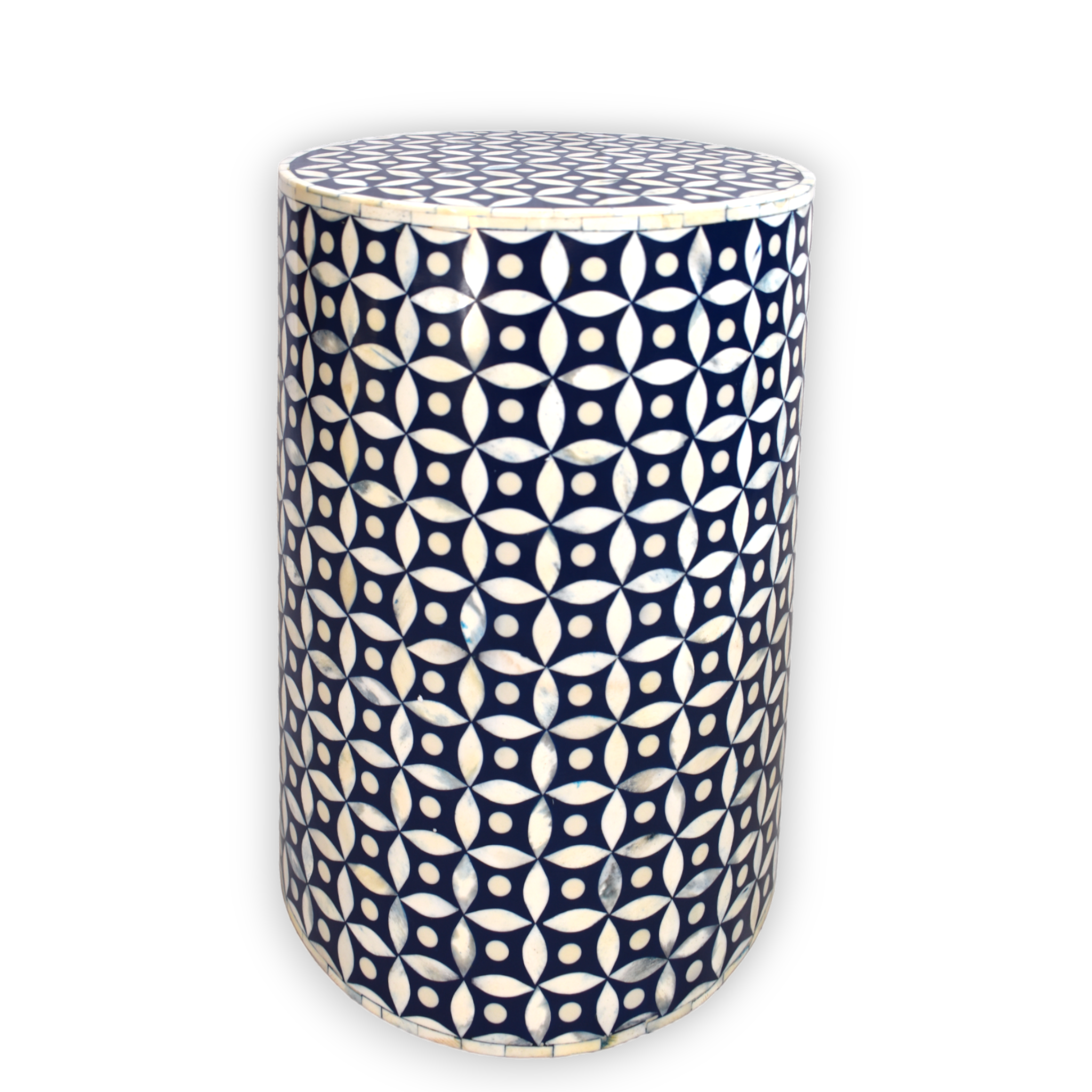 Bone Inlay Drum Side Table – Interlock Fret Pattern