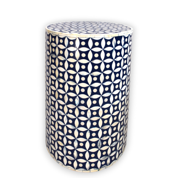 Bone Inlay Drum Side Table – Interlock Fret Pattern