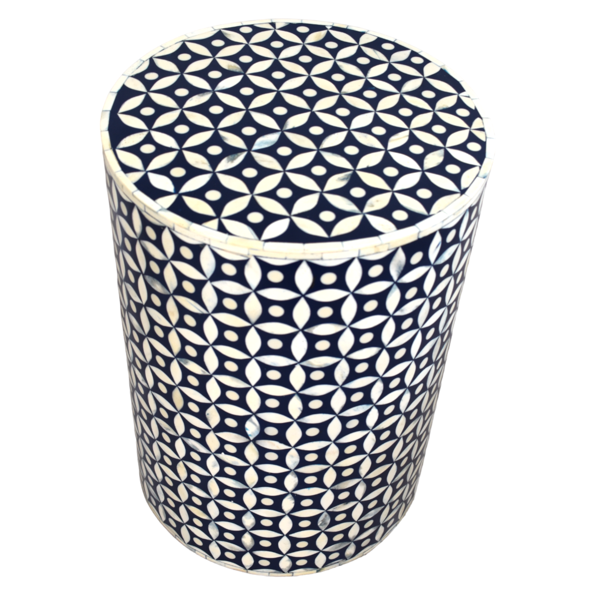 Bone Inlay Drum Side Table – Interlock Fret Pattern